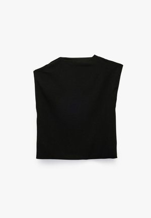 Czarny bezrękawnik wykonany z miękkiej tkaniny, z okrągłym dekoltem i luźnym krojem, o czystym, prostym wzorze bez dodatkowych detali.