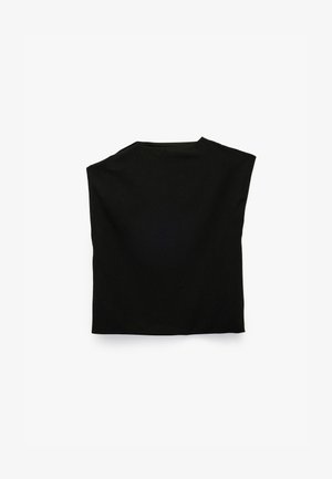 Czarny bezrękawnik wykonany z miękkiej tkaniny, z okrągłym dekoltem i luźnym krojem, o czystym, prostym wzorze bez dodatkowych detali.