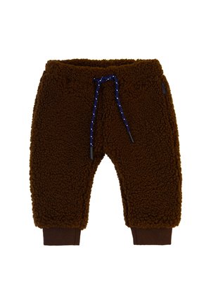 Braune Fleece-Hosen aus weichem, strukturiertem Stoff, mit einer marineblauen Kordel und braunen Rippstrickbündchen an den Knöcheln.