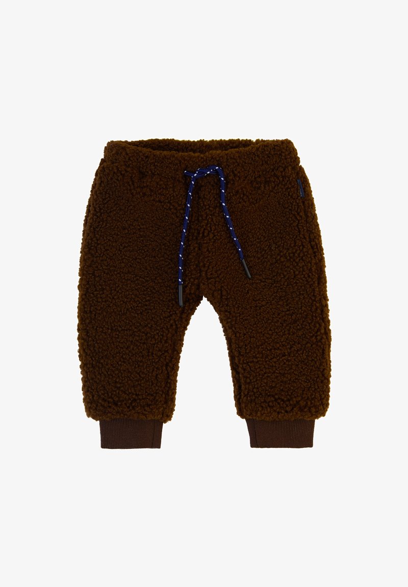Bruine fleece broek van een zachte, gestructureerde stof, met een marineblauwe trekkoord en bruin geribde boorden bij de enkels.