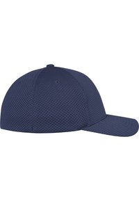 Navy blue cap made from textured mesh fabric, featuring a curved brim and contrasting stitching. The design is lightweight and breathable.