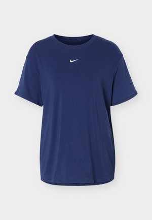 Tricou bleu marin cu mâneci scurte și guler rotund, cu logo mic alb Nike Swoosh centrat sub guler.
