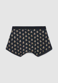 Boxer shorts blu scuro con un motivo a orso ripetuto in marrone e crema, realizzati in tessuto morbido con una vita comoda.