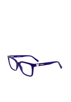 Occhiali rettangolari blu con lenti trasparenti, con dettaglio a cuore e scritta "LOVE MOSCHINO" sulla stanghetta.