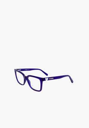 Occhiali rettangolari blu con lenti trasparenti, con dettaglio a cuore e scritta "LOVE MOSCHINO" sulla stanghetta.