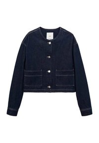 Temno modra jeans jakna z okroglo obrobo, sprednjimi gumbi, dvema žepoma na patentu in krajšo obliko. Brez vidnih vzorcev ali okrasnih elementov.