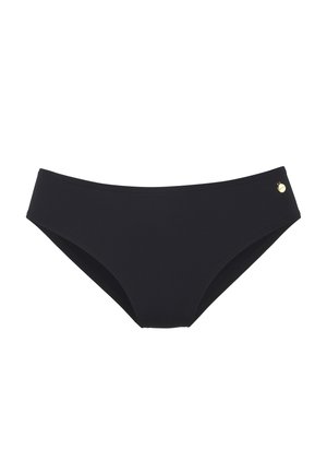 Schwarzer Bikini-Unterteil mit glatter Textur, hochgeschnittenem Design und einem kleinen goldenen Akzentlogo an der Seite. Einfacher und minimalistischer Stil.