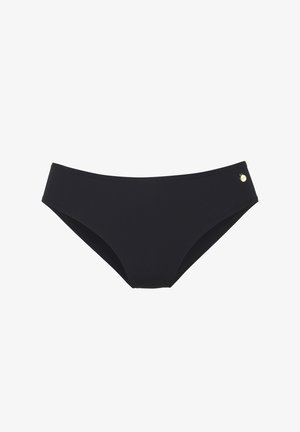 Schwarzer Bikini-Unterteil mit glatter Textur, hochgeschnittenem Design und einem kleinen goldenen Akzentlogo an der Seite. Einfacher und minimalistischer Stil.