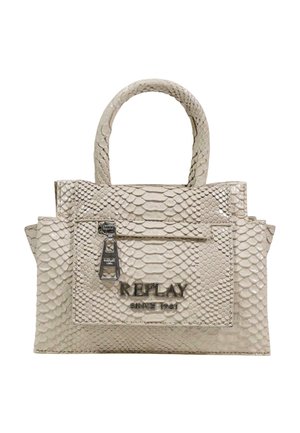 Sac à main beige à texture peau de serpent, avec poignées supérieures, poche zippée à l'avant et logo métallique "REPLAY SINCE 1981" en détail.