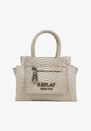 Sac à main beige à texture peau de serpent, avec poignées supérieures, poche zippée à l'avant et logo métallique "REPLAY SINCE 1981" en détail.