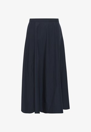 Tumes pleated seelik, mis on valmistatud kergest kangast, sujuva tekstuuriga ja A-line kujuga, millel on vöökoht ja nähtamatud kinnitused.