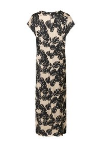 Maxikjol med ett upprepande svart monstera-bladsmönster på en beige bakgrund, med korta ärmar och dragkedja i ryggen.