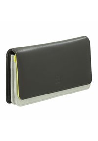 Portafoglio in pelle di colore grigio scuro, con un accento bianco e un bordo giallo sottile. Texture liscia, design elegante e logo impresso sul davanti.