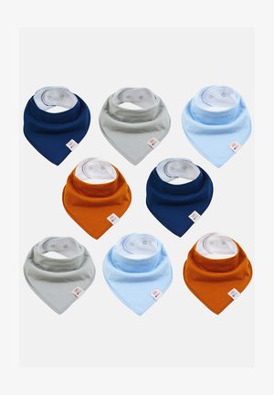 Eight bandana bibs in blue, gray, orange, and light blue, featuring a soft texture and snap closure. Each has a colorful logo tag.