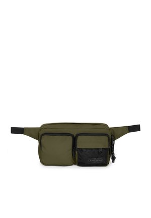 Olive green waist bag made of fabric, featuring two front zippered pockets, one mesh pocket, and an adjustable strap.