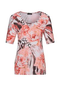 Kurzärmliges Oberteil mit floralem Muster in Pink-, Orange- und Brauntönen. Glattes Material mit rundem Ausschnitt und lockerer Passform.