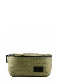 Trousse de maquillage vert olive avec motif répété du logo "CK", fermeture éclair et étiquette rectangulaire noire à l'avant. Matériau lisse et durable.