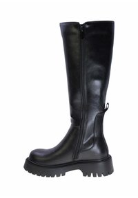 Stivale alto in pelle nera con suola in gomma spessa, cerniera laterale e linguetta sul retro, che mette in evidenza un design elegante e una texture liscia.