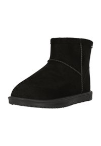 Botte chevillère en daim noir avec un bout arrondi, un dessus texturé, des coutures décoratives et une semelle en caoutchouc pour l'adhérence. Design minimaliste.