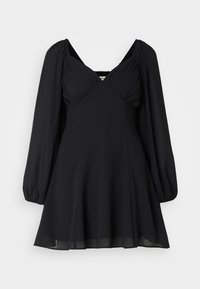 Svart klänning i lätt tyg, med djup V-ringning, puffärmar och en utsvängd kjol, med rynkdetaljer vid bodicen.