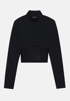 Schwarzes langärmliges Crop-Top mit hohem Kragen, einem durchsichtigen Netzpaneel an der Taille und strukturierten Nähten für einen taillierten Schnitt.
