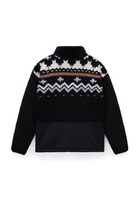 Pullover in fleece nero con colletto alto, caratterizzato da un motivo geometrico in bianco, arancione e grigio nella parte superiore. Texture morbida.