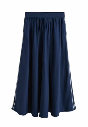 Marineblauer Midirock mit elastischem Bund und weißen Seitenstreifen, aus leichtem Stoff mit fließender Silhouette.