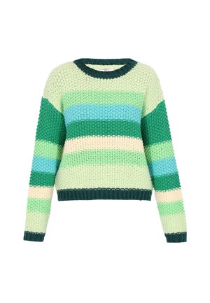 Pulover tricotat cu guler rotund, cu dungi orizontale în nuanțe de verde, albastru și crem; material texturat și mansete și tiv cu model în relief.