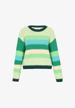 Pulover tricotat cu guler rotund, cu dungi orizontale în nuanțe de verde, albastru și crem; material texturat și mansete și tiv cu model în relief.