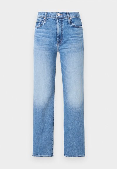 Τζιν μπλε, ψηλόμεσο με ίσια μπατζάκια, μπροστινές τσέπες, θηλιές για ζώνη, κουμπί και ξεβαμμένες λεπτομέρειες στους μηρούς και γόνατα.