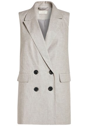 Beżowa kamizelka na podwójnym guziku bez rękawów, z szerokimi klapami, dwoma przednimi kieszeniami z patkami i czarnymi guzikami.