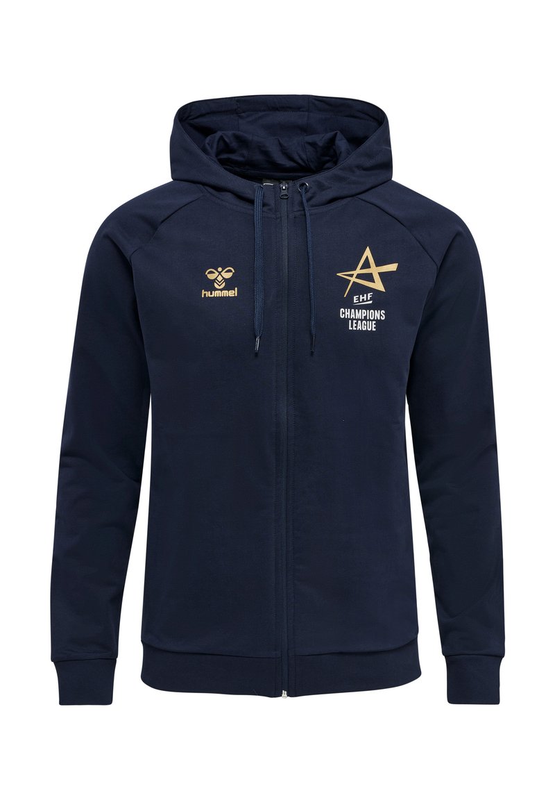 Marinblå zip-hoodie med snörning, med guldloggor: "hummel" och "EHF CHAMPIONS LEAGUE." Slät tyg och ribbade muddar.