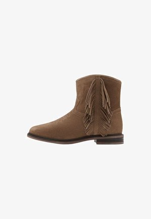 Braune Wildleder-Stiefelette mit spitzem Schuhkopf und fransenverz Decoration auf der Rückseite, ausgestattet mit einem niedrigen Blockabsatz und glatter Textur.