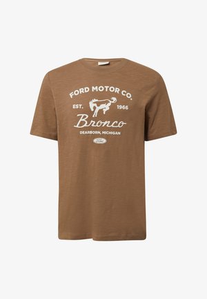 Braunes T-Shirt mit kurzen Ärmeln und weißem Ford Motor Co. Bronco-Logo, gegründet 1966, Text über Dearborn Michigan und Grafik eines galoppierenden Pferdes.