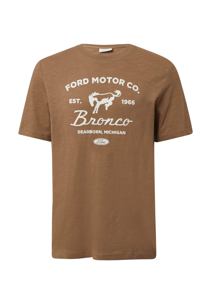 Brązowy t-shirt z krótkim rękawem z białym logo Ford Motor Co. Bronco, z napisem "założony w 1966 roku, Dearborn Michigan" i grafiką biegającego konia.
