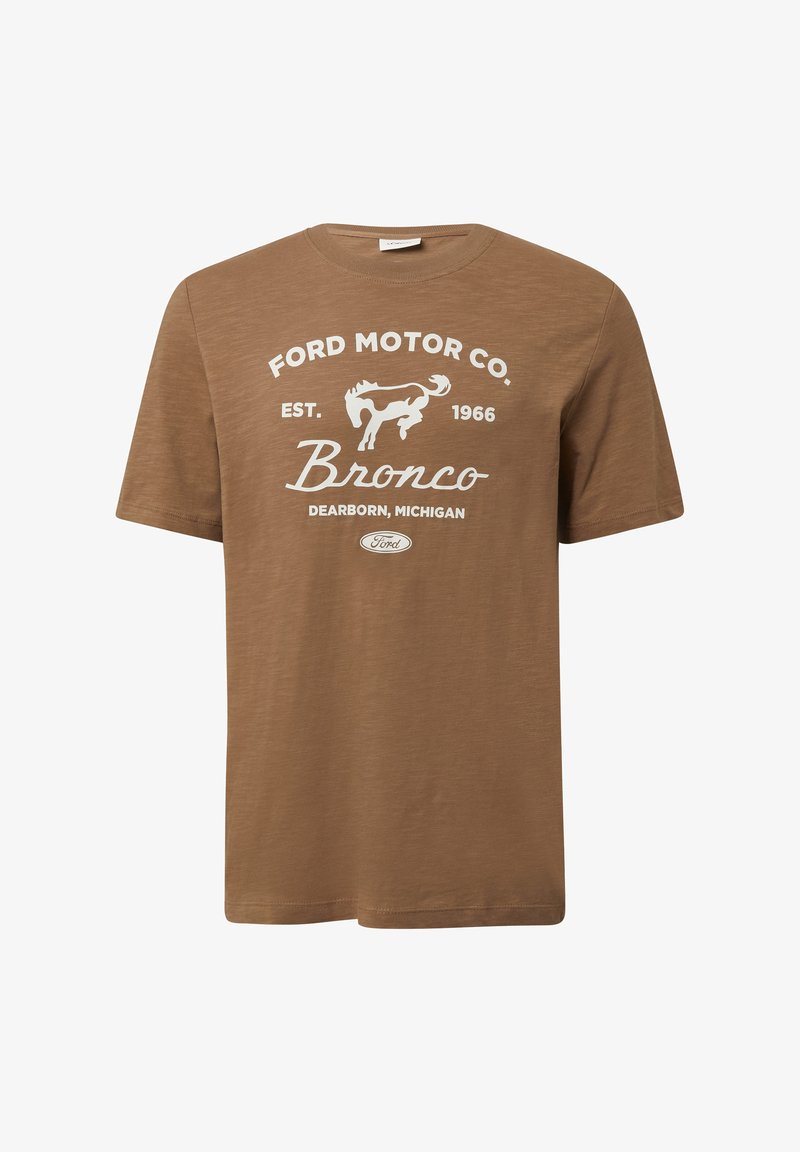 Brązowy t-shirt z krótkim rękawem z białym logo Ford Motor Co. Bronco, z napisem "założony w 1966 roku, Dearborn Michigan" i grafiką biegającego konia.
