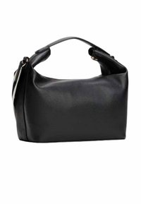 Borsa a mano in pelle nera con forma strutturata, manico corto e chiusura con cerniera. I lati presentano un design ricamato discreto.