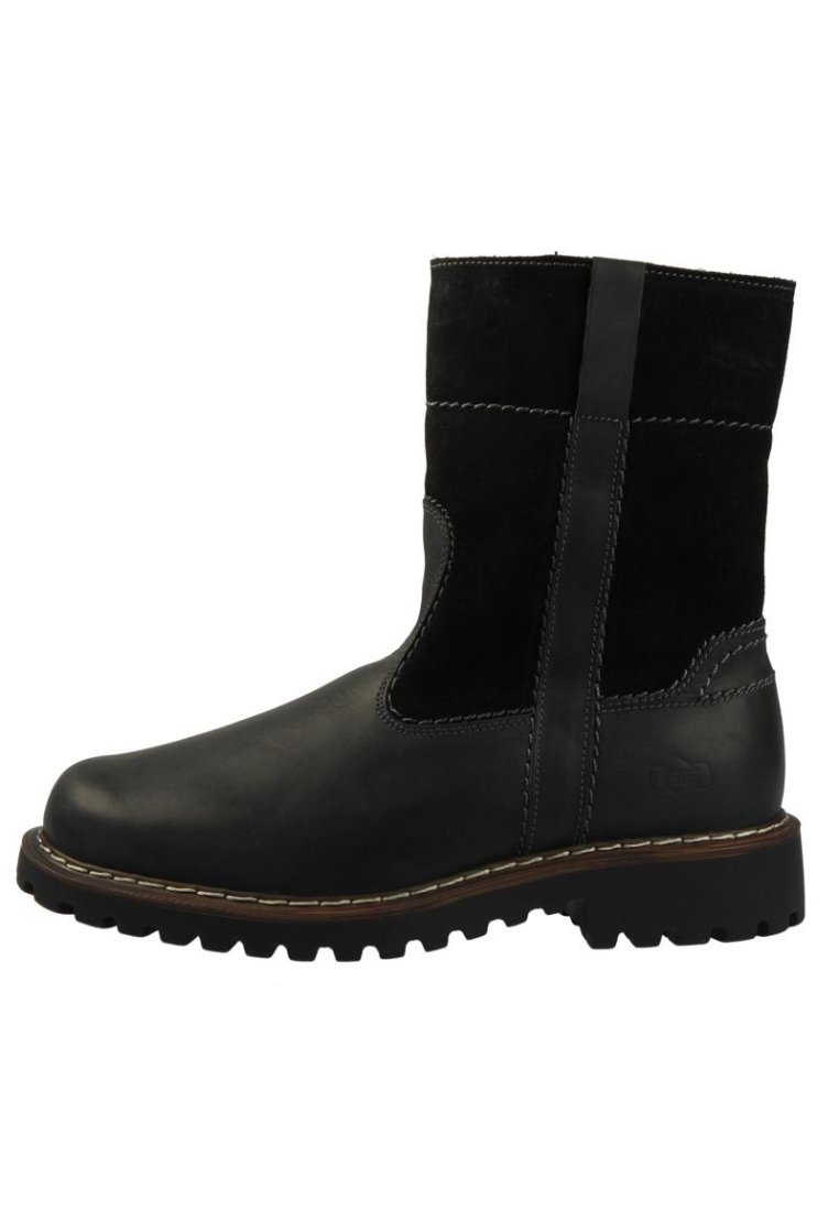 Bottines en cuir noir et en daim avec une finition lisse, des coutures contrastées, un col rembourré et une semelle en caoutchouc texturée.