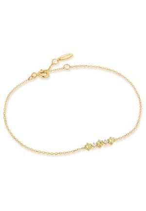 Bracelet en chaîne dorée avec trois accents en forme de fleurs, deux en vert clair et un en transparent, agrémenté d'une fermeture à clip.