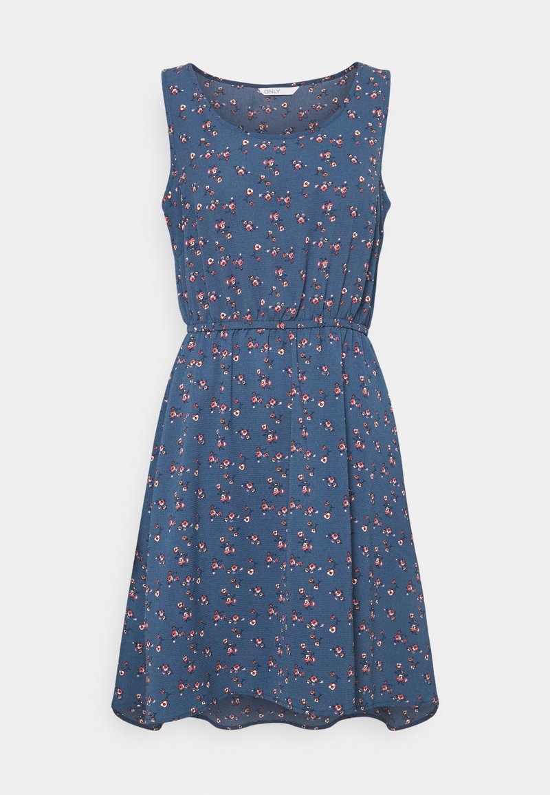 Robe sans manches bleue avec une taille cintrée, motif floral et un ourlet évasé. Conçue en tissu léger avec une texture lisse.