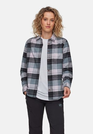 Camicia di flanella a quadri in tonalità di nero, teal e rosa chiaro, con abbottonatura frontale, colletto e maniche lunghe. Tessuto morbido.