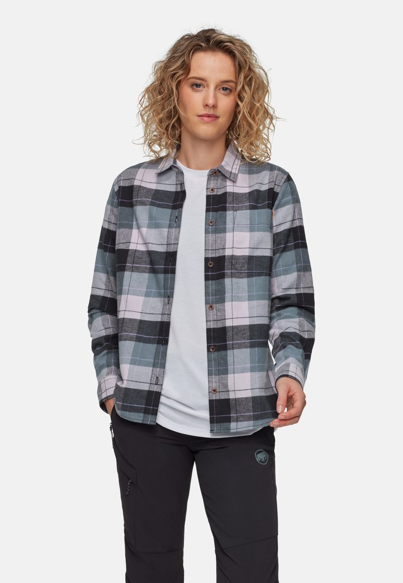 Geruite flanellen shirt in tinten van zwart, teal en lichtroze, met een knoopsluiting aan de voorkant, een kraag en lange mouwen. Zachte textuur.