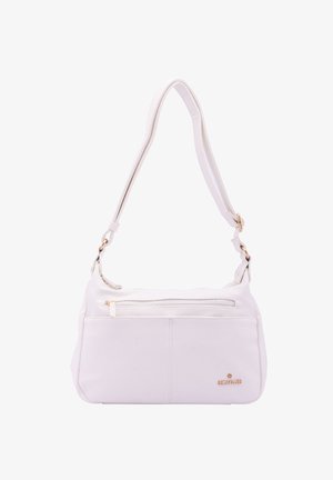 Sac à main en cuir blanc avec une forme plate, une bandoulière réglable, une poche zippée à l'avant et des accents dorés. Texture lisse, design minimal.
