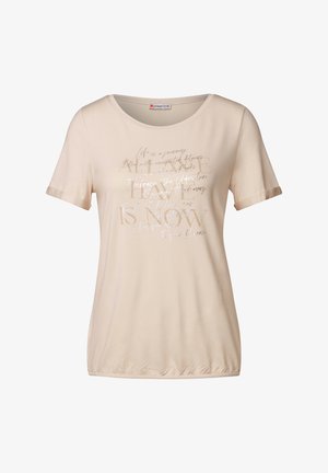 Beige T-Shirt mit kurzen Ärmeln aus weichem Stoff, mit Rundhalsausschnitt und glänzendem Textdruck in verschiedenen Stilen und Größen auf der Vorderseite.