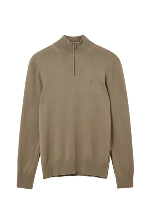 Maglione pullover khaki, maniche lunghe, colletto alto con zip a quarto. Morbido tessuto a maglia, polsini e orlo a coste, piccolo emblema sul petto.