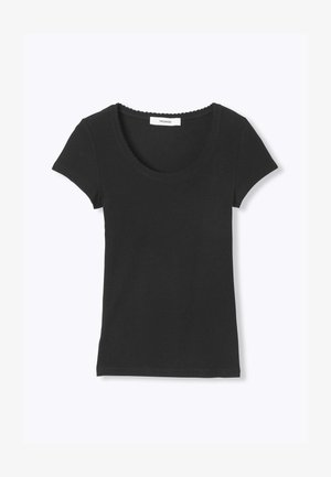 T-shirt noir à manches courtes avec encolure dégagée et bordure légèrement festonnée au niveau du col, présenté à plat sur un fond blanc.