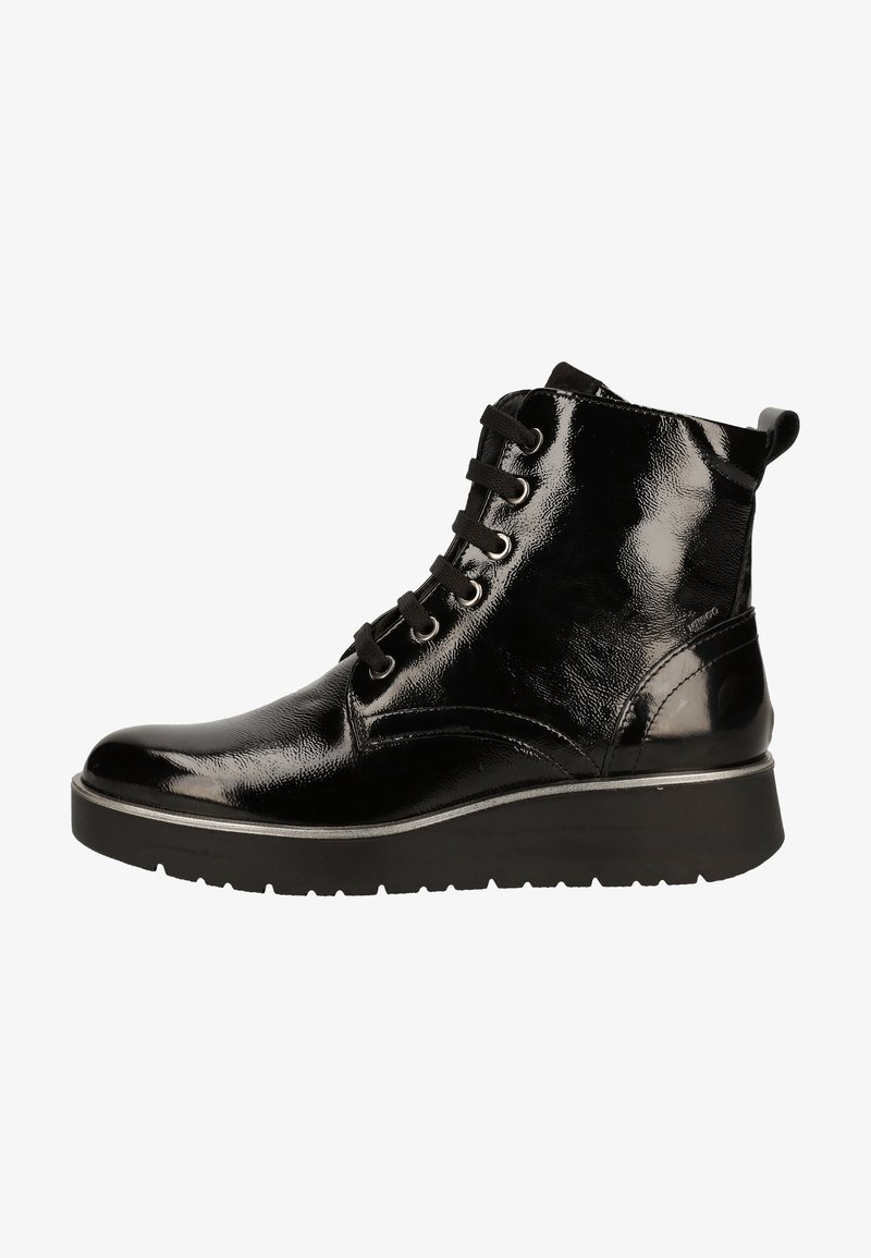 Bottines en cuir noir à finition brillante, avec un design à lacets, un bout arrondi, et une semelle en caoutchouc épaisse avec un petit talon.
