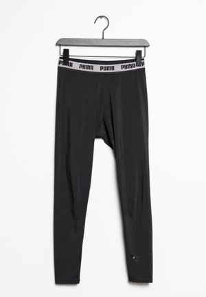 Leggings de sport noirs avec une coupe ajustée, une taille élastique avec un logo Puma gris, et un matériau lisse et léger.
