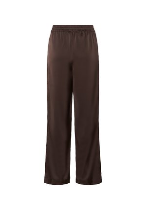Brown satin pants with a wide-leg design, featuring an elastic waistband and smooth texture, providing a loose fit.