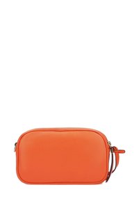 Orange strukturiertes Leder-Clutch mit Reißverschluss, ausgestattet mit einem kleinen Handgelenkriemen und einem glatten, runden Design.